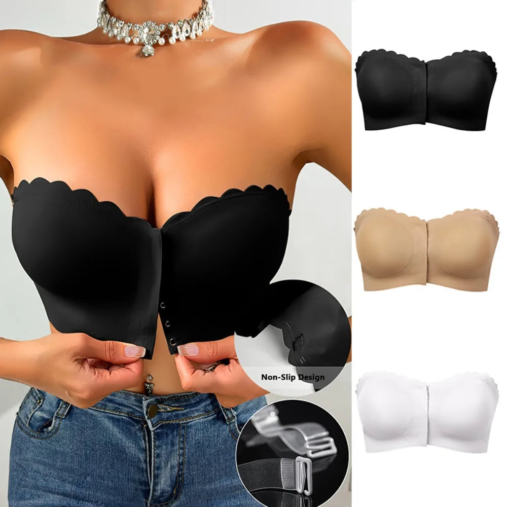Women's Front Buckle Bra Sexy Strapless Underwear Seamless Invisible Waves Grain Bras Wireless Comfort One-piece Smooth Bralette