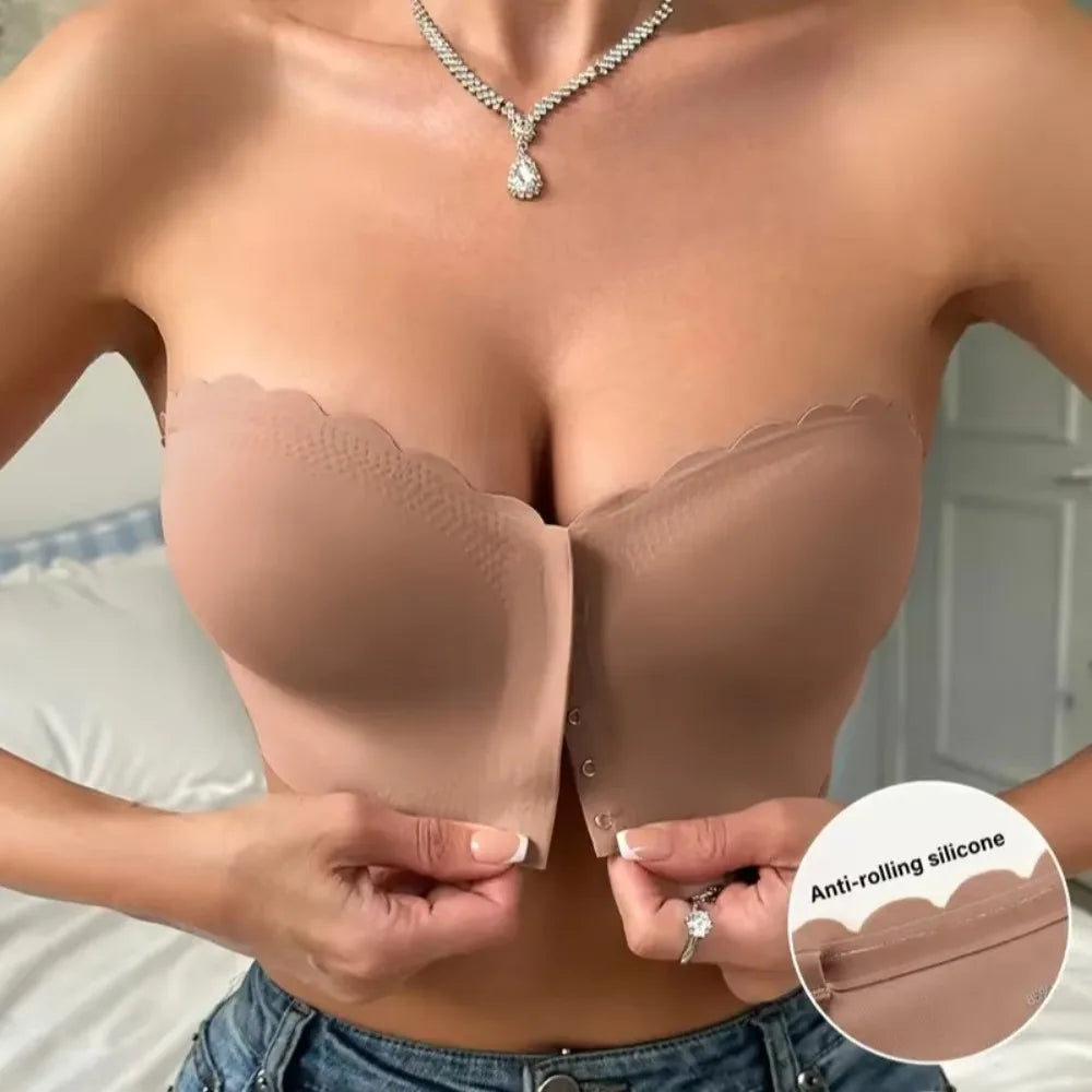 Women's Front Buckle Bra Sexy Strapless Underwear Seamless Invisible Waves Grain Bras Wireless Comfort One-piece Smooth Bralette